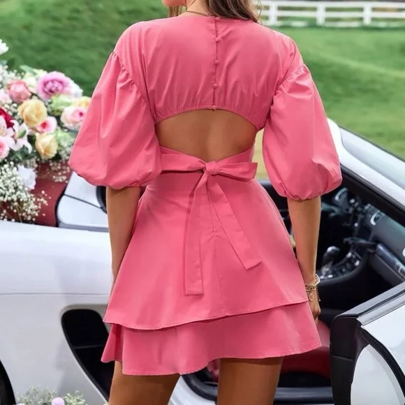 Boho pink cutout sides ruffle hem dresS LAST ONE - Picture 3 of 6